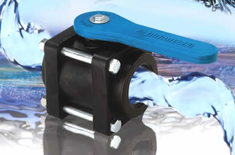 A close up of a black valve with a blue handle