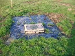 A concrete block is sitting in the middle of a grassy field.