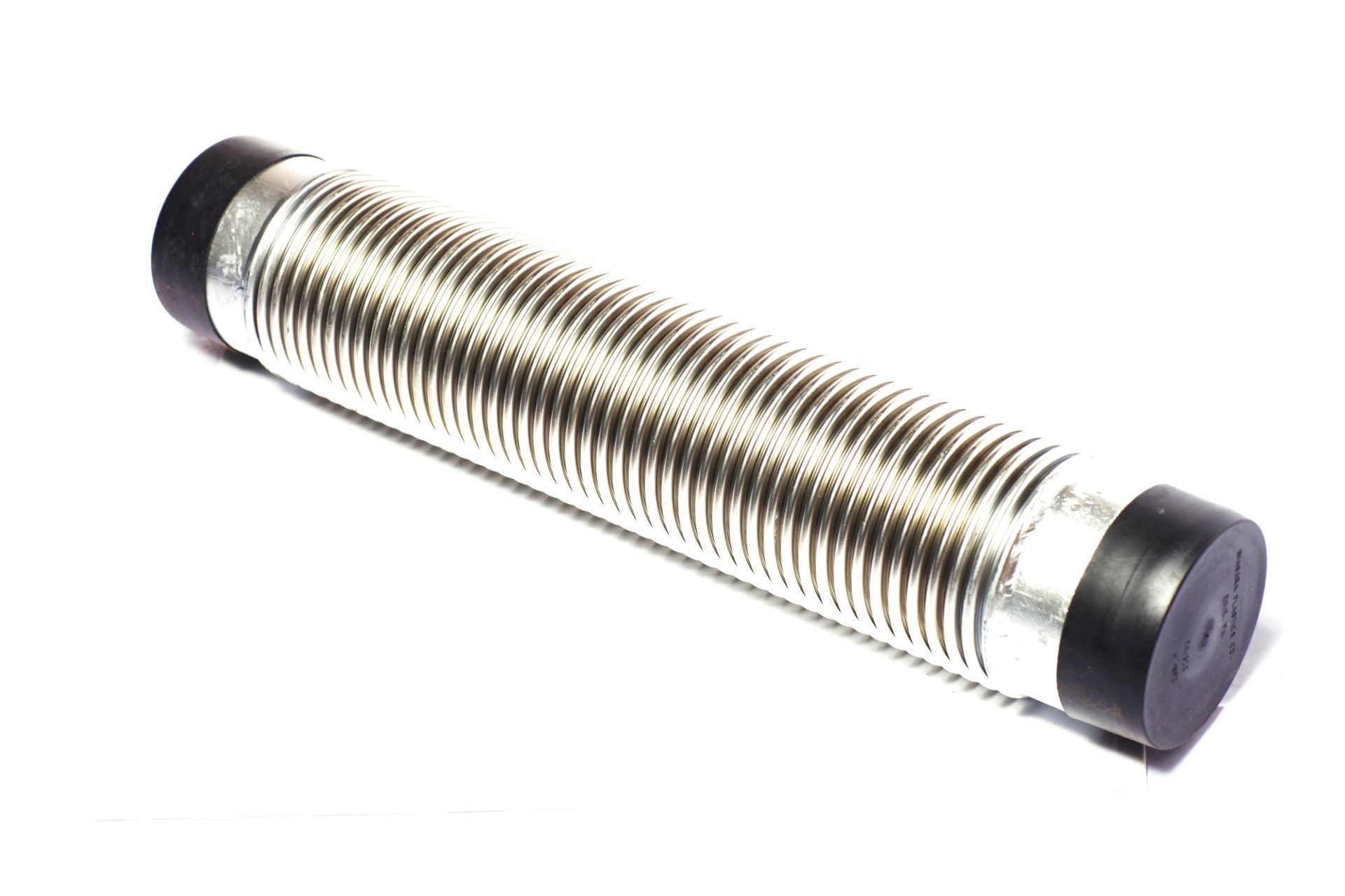 A close up of a metal pipe with a black cap on a white background.