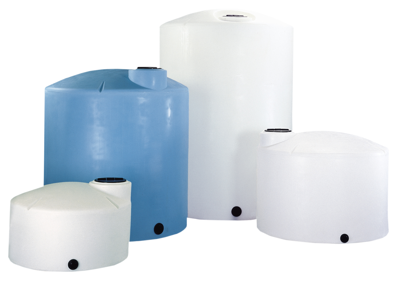 A group of plastic water tanks are stacked on top of each other on a white background.