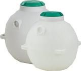 Two white plastic containers with green lids on a white background.
