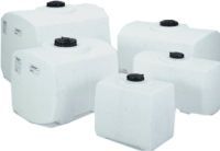 A group of plastic tanks of different sizes are sitting next to each other on a white background.