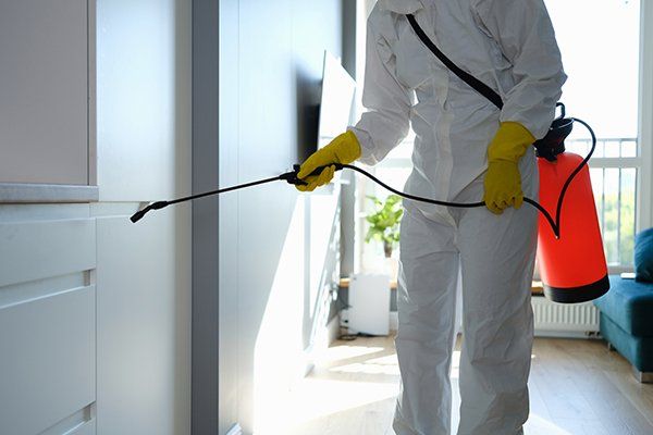 Worker in Protective Overalls and Gloves Disinfecting Apartment — North Fort Myers, FL — My Pest Friend