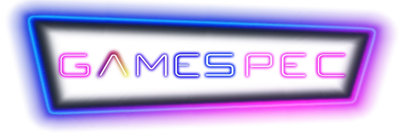 Neon-style “GAMESPEC” logo on a white background with purple and pink glow accents