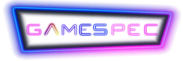 Neon-style “GAMESPEC” logo on a white background with purple and pink glow accents