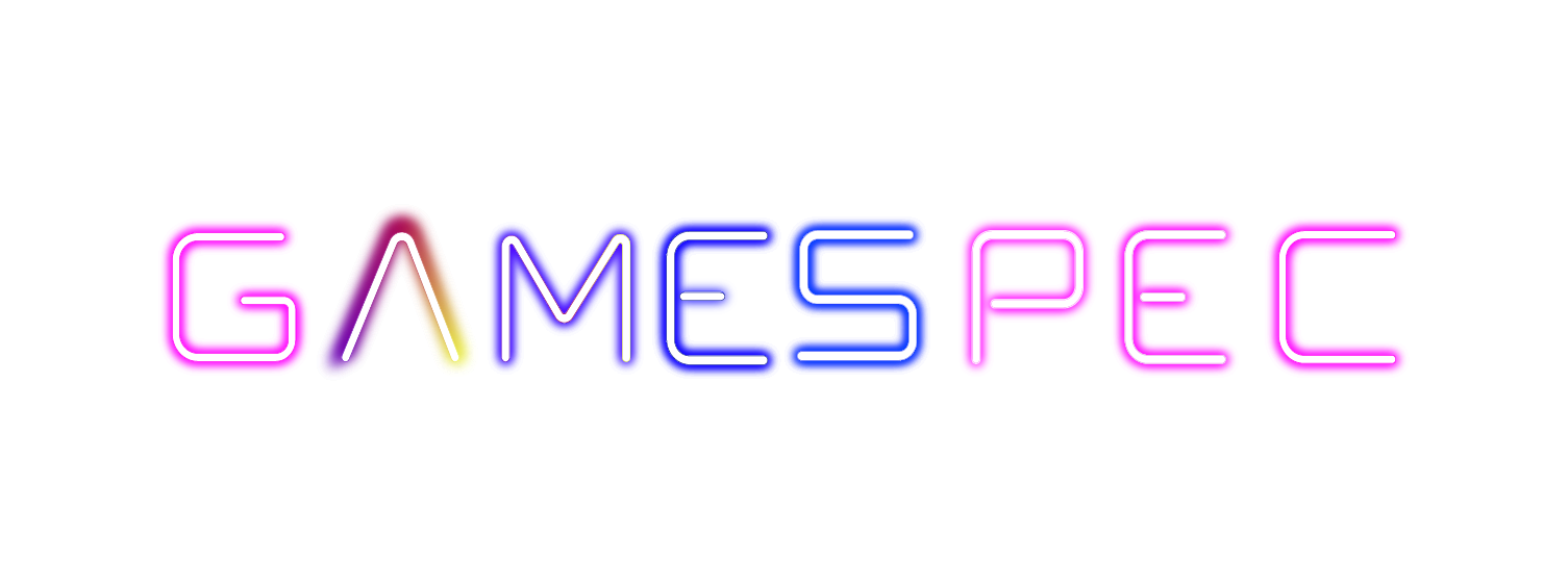 Neon gradient “GAMESPEC” logo on a white background.