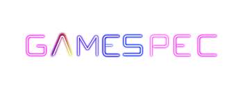 Neon gradient “GAMESPEC” logo on a white background.
