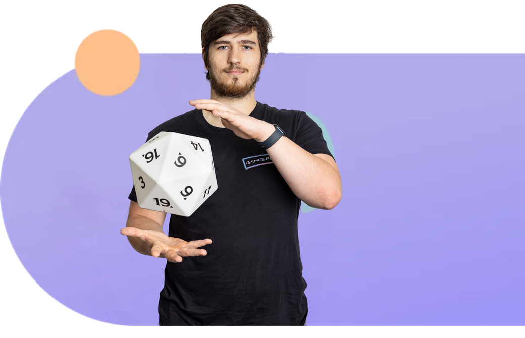 Man juggling a white die against a purple background with an orange circle