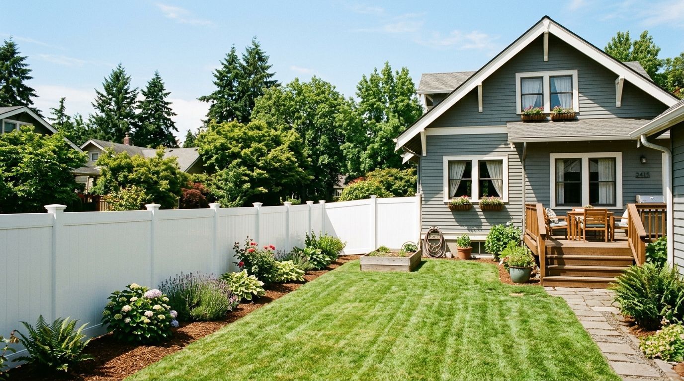 A blue house with a wooden deck overlooks a grassy backyard enclosed by a white vinyl fence and garden beds.