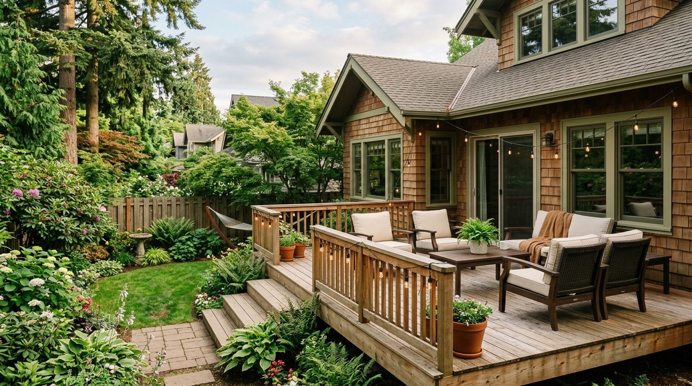 A wooden deck with patio furniture overlooks a lush backyard garden and trees next to a shingled house.