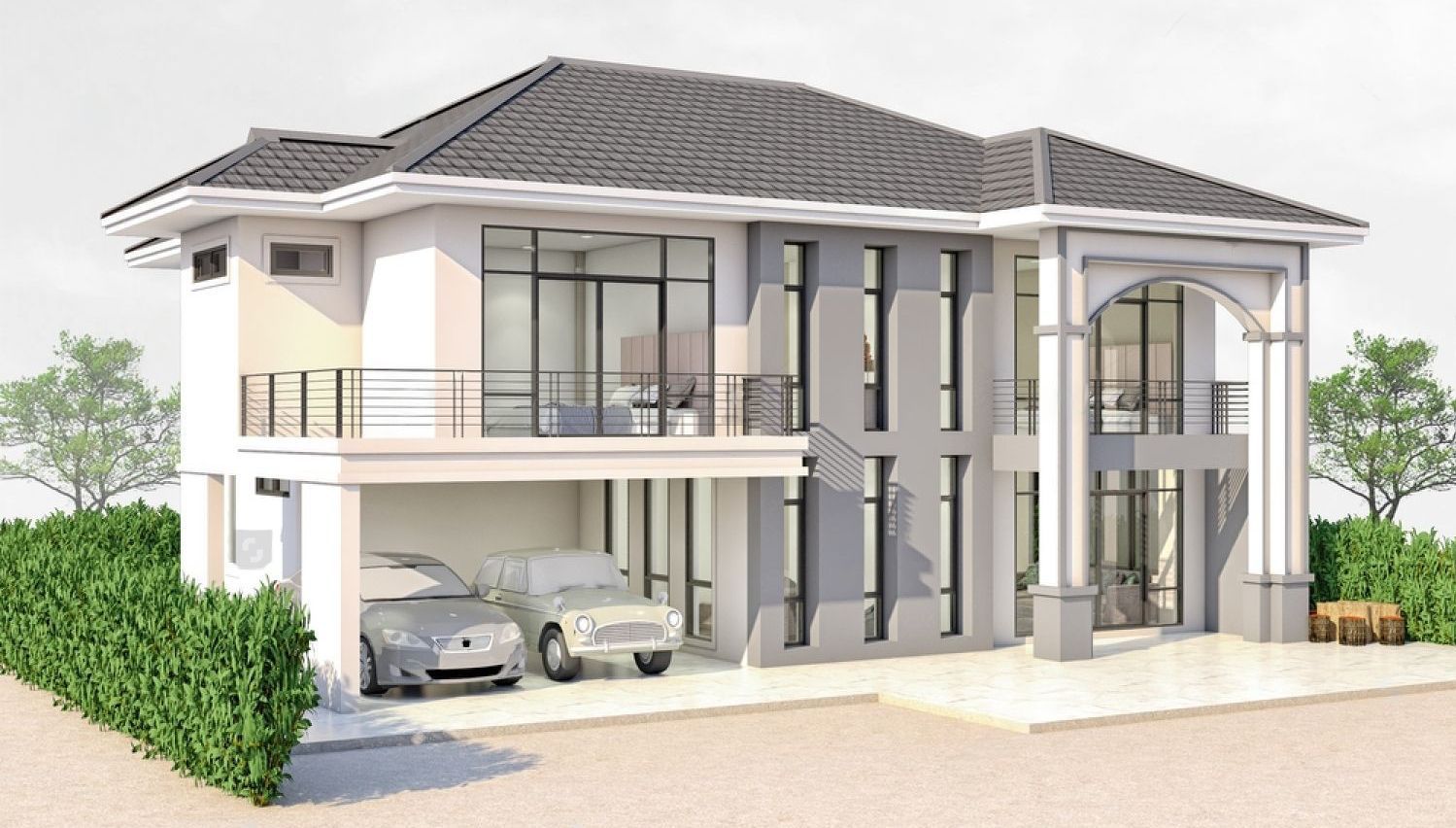 A house with two cars parked in front of it