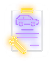 Neon illustration of a car on a clipboard with a wrench.