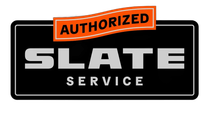 Authorized Slate Service logo with black background, silver text, and orange banner