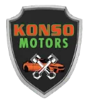 KONSO MOTORS shield logo with orange and green text and crossed tools over two cars