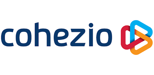 Een blauw en oranje logo voor cohezio met een afspeelknop