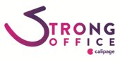 Het logo voor sterke kantoorkalipage is paars en zwart.
