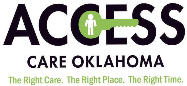 The logo for access care oklahoma is a key with a man on it.
