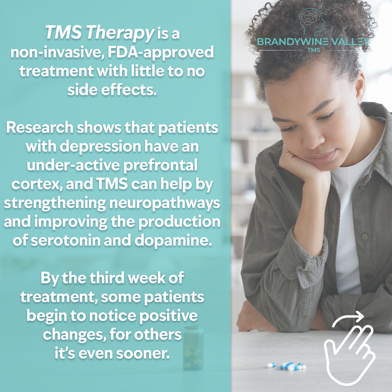 TMS Therapy is an FDA-approved, non-invasive treatment with minimal side effects. It helps strengthen neuropathways and improve serotonin and dopamine production. Brandywine Valley TMS.