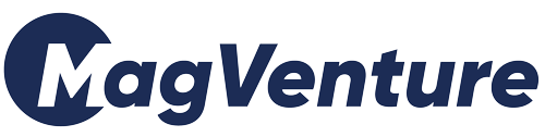 the magventure logo is blue and white on a white background for tms therapy
