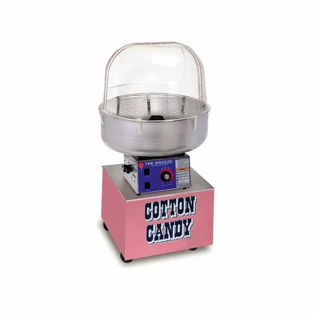Cotton candy machine with clear dome, stainless bowl, and pink base labeled “COTTON CANDY”