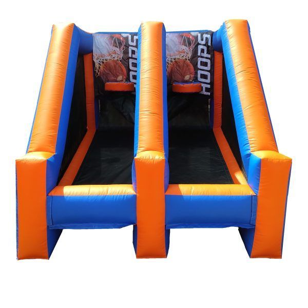 Orange and blue inflatable obstacle course with three lanes and black sliding surfaces