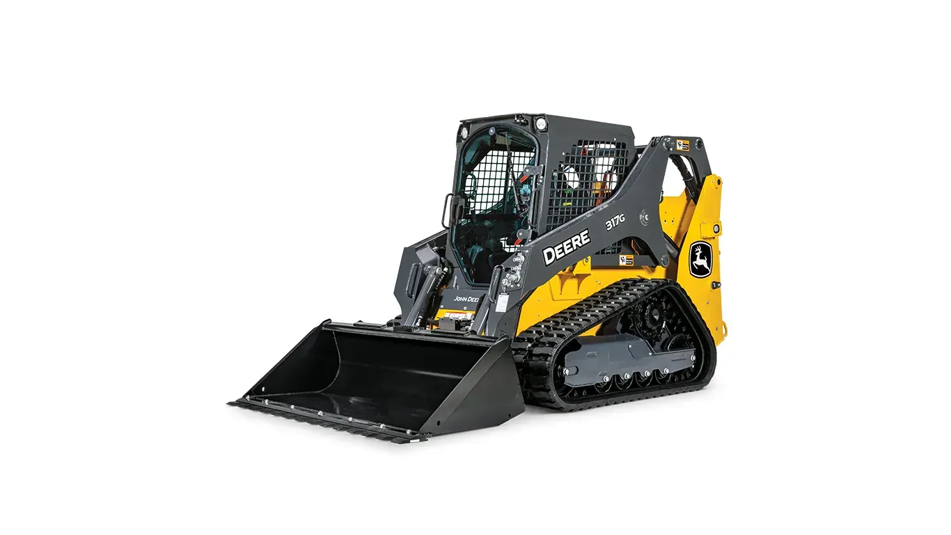 Black and yellow compact skid steer loader with front bucket on a white background