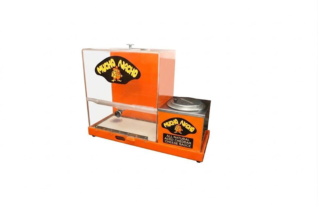 Orange countertop display with black-and-yellow logo and a clear front panel, holding a silver container