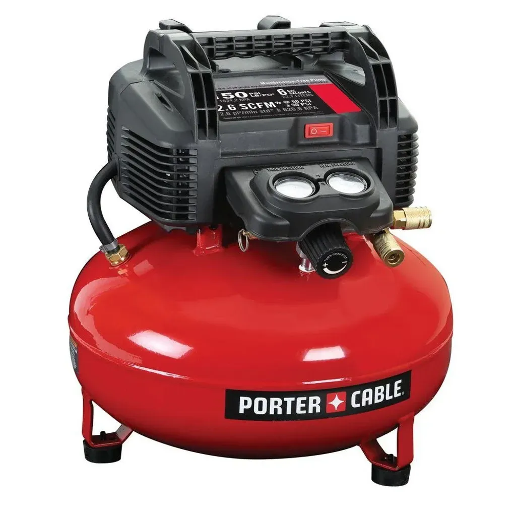 Red Porter-Cable air compressor with black motor and red tank on small feet