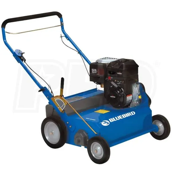 Bluebird gas-powered lawn aerator with blue frame and black engine on white background