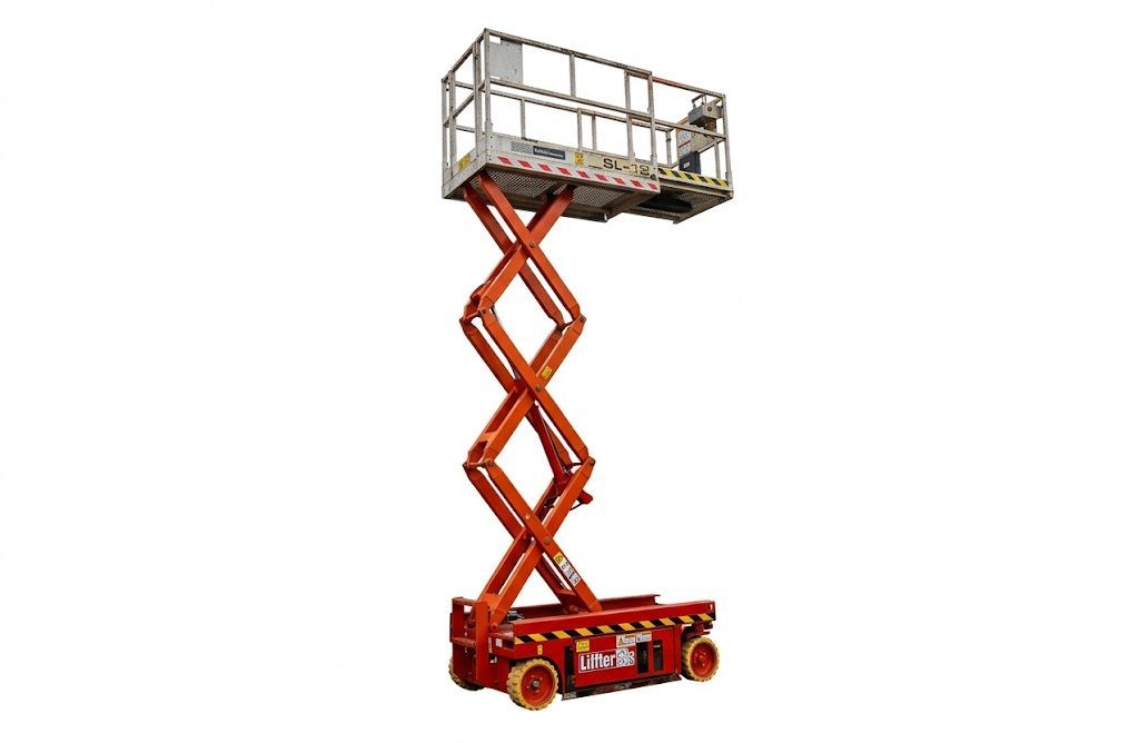 Red scissor lift with extended orange arms and a white work platform on a white background