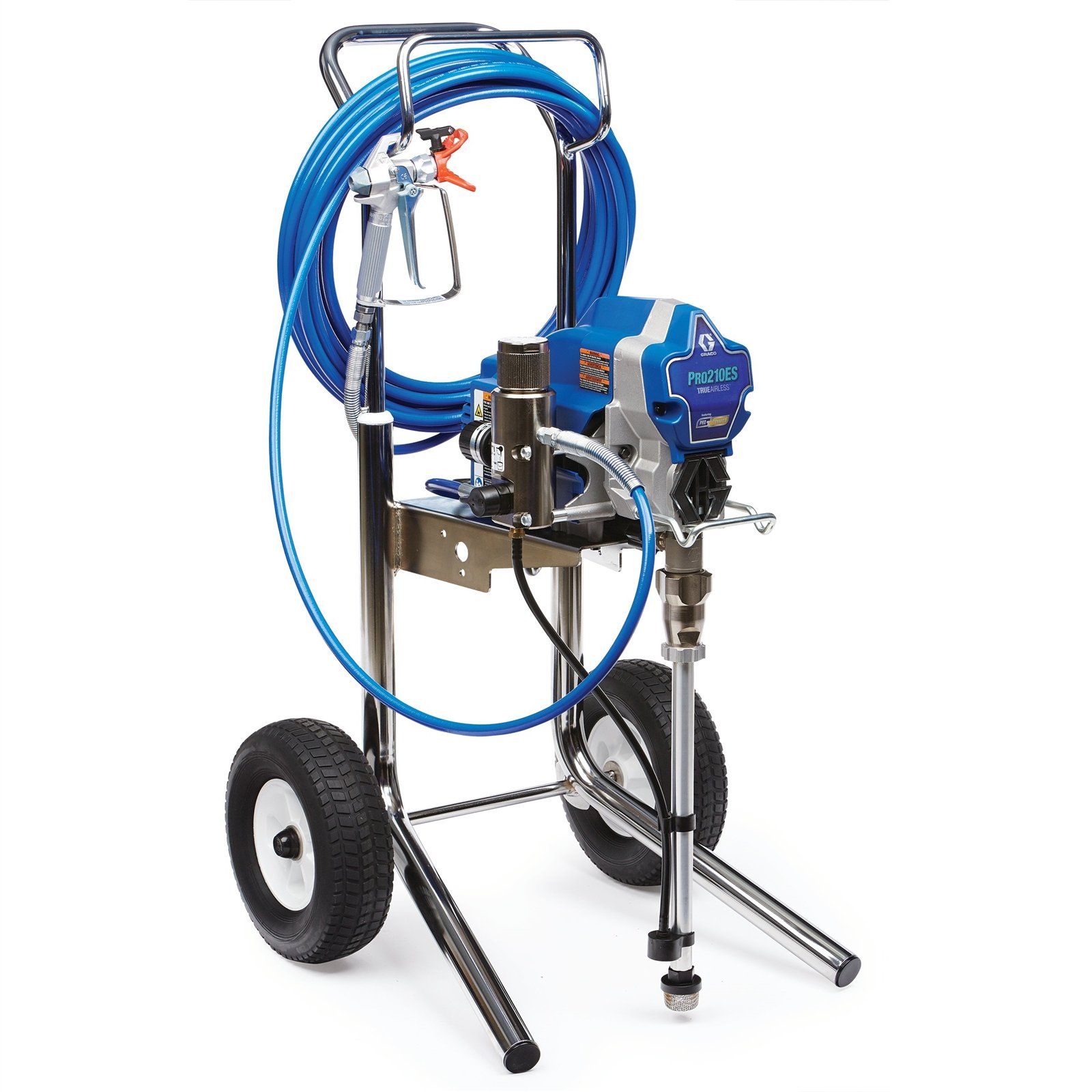Blue airless paint sprayer on a wheeled cart with hoses and spray gun