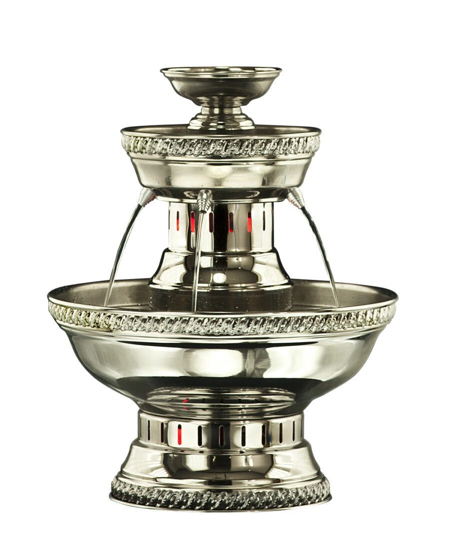Silver decorative metal fountain with ornate bands and tiered bowls