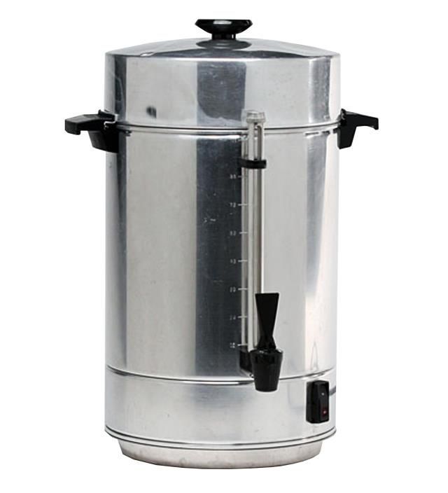 Stainless steel coffee urn with black handles and spigot on a white background