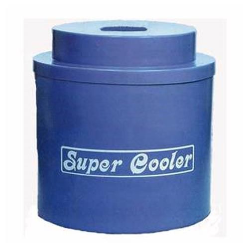 Blue cylindrical Super Cooler container with a lid and white logo text