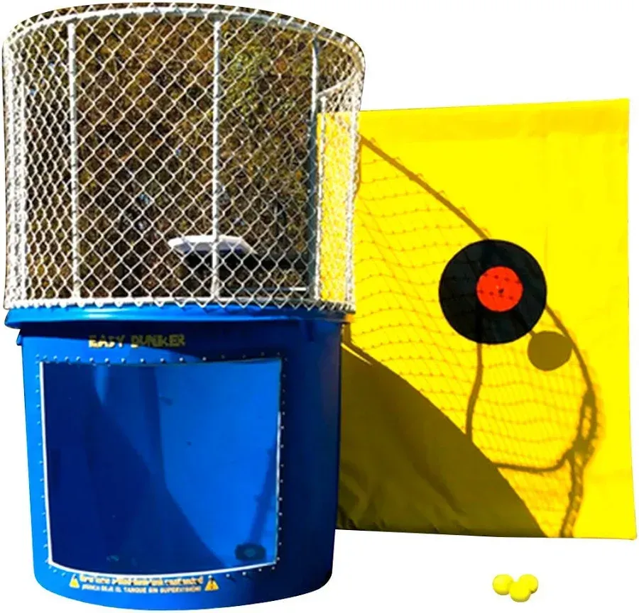 Blue dunk tank with mesh cage and yellow target board with red bullseye; three yellow balls below.