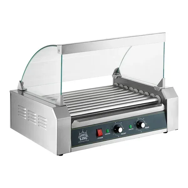 Stainless steel electric hot dog roller grill with glass sneeze guard and control knobs