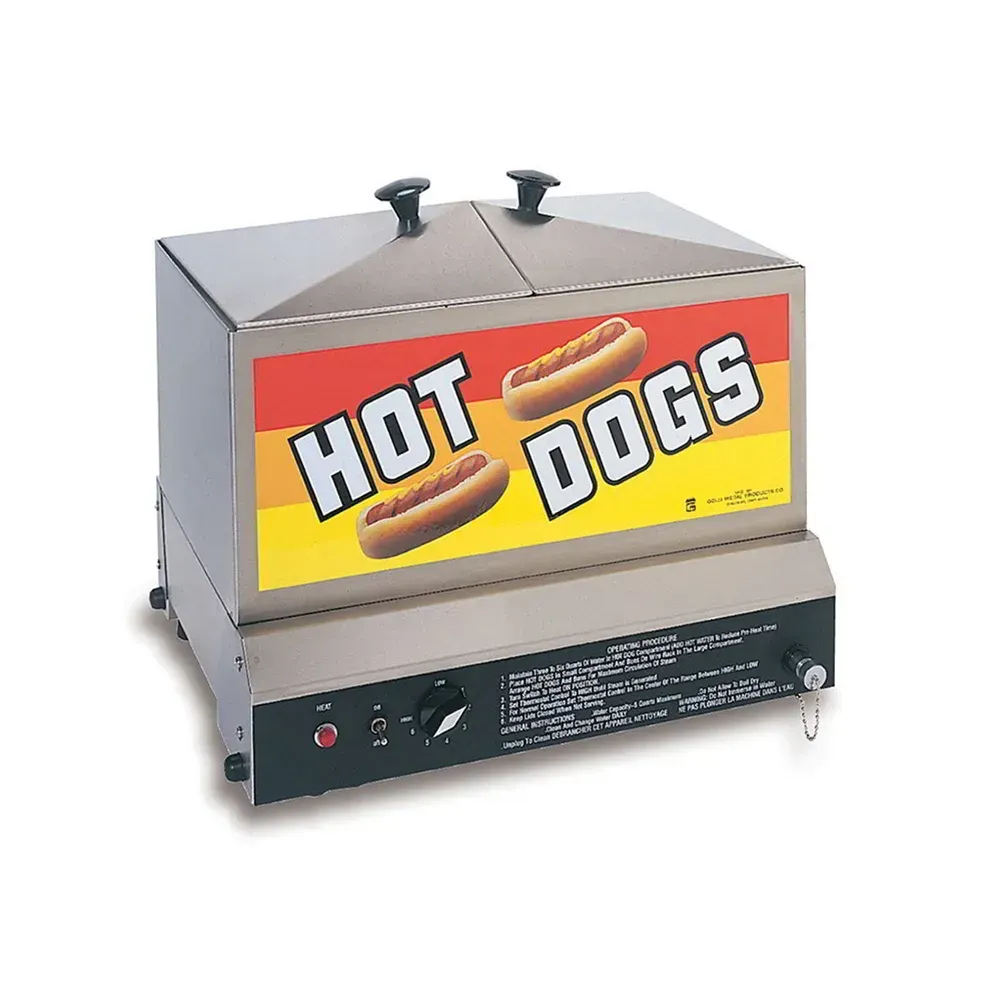 Silver hot dog steamer with red-yellow 