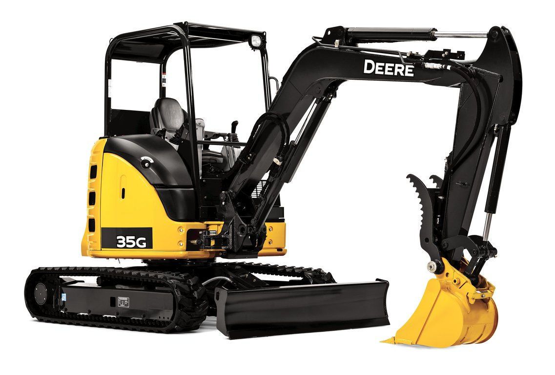 Yellow-and-black John Deere 35G compact excavator with bucket, isolated on white background