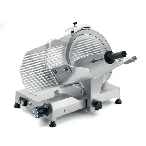 Commercial deli meat slicer with silver metal body and black handle on a white background