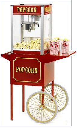 Red popcorn cart with machine and tubs of popcorn on a white background