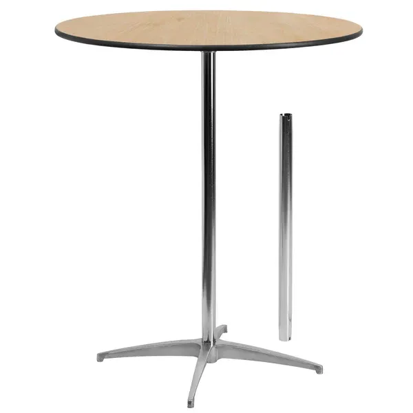 Round wood-top standing table with chrome pedestal base on a white background
