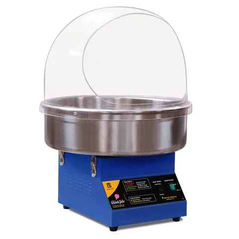 Blue cotton candy machine with clear dome and stainless steel bowl