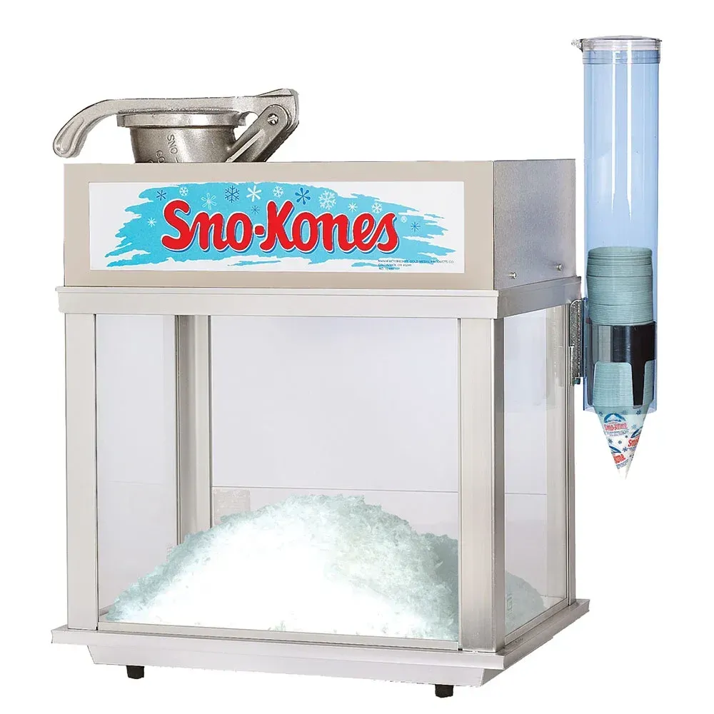 Sno-Kones shaved ice machine with hopper and blue syrup dispenser, filled with crushed ice