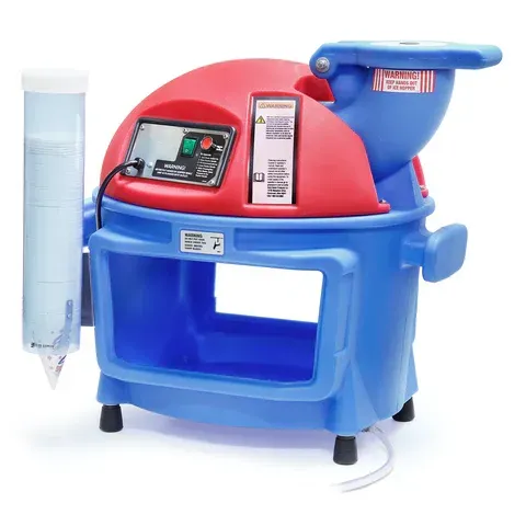 Blue and red toy ice cream maker with control panel and clear ingredient container