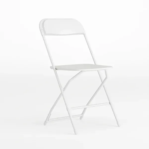 White folding chair on a plain light background
