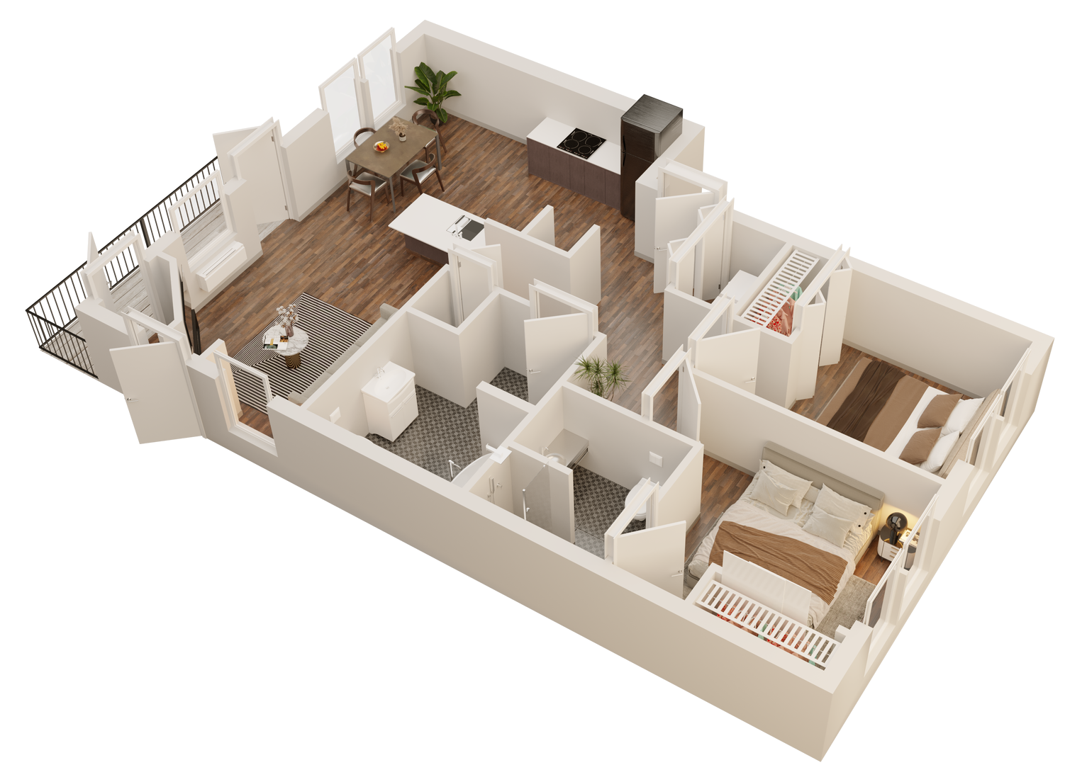A 3d floor plan of a house with a balcony.