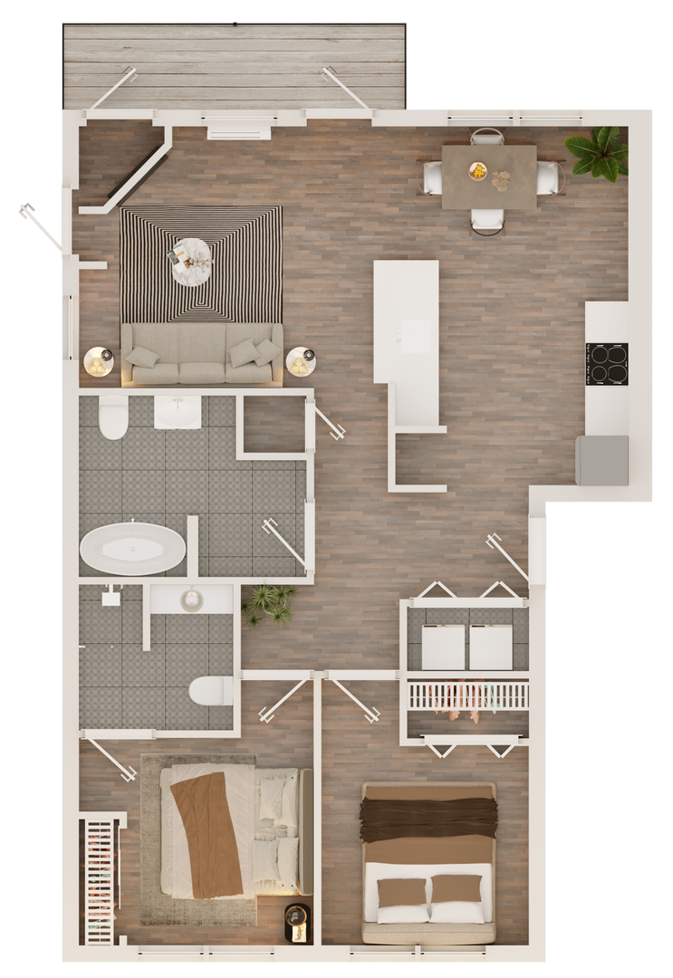 An aerial view of a floor plan of a house.