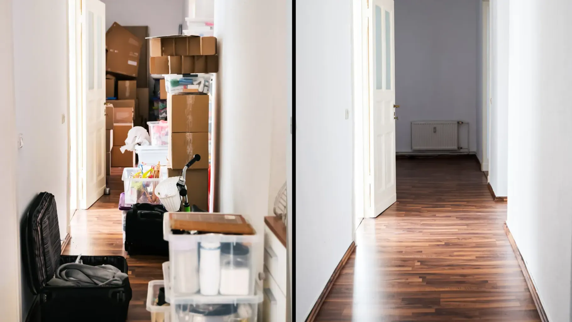 Hallway: Before cluttered with boxes and belongings, after empty and clean with wooden floor.