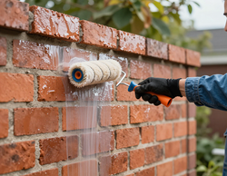 Persona che dipinge un muro di mattoni con un rullo bianco e un guanto nero.