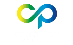 Logo astratto in stile CP nei colori verde, giallo e blu su sfondo bianco.